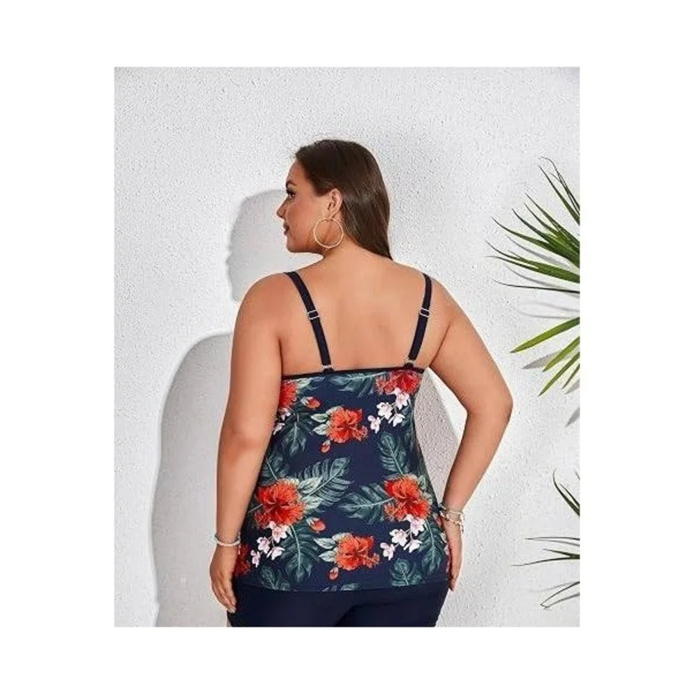 Hanna Nikole Women Navy Floral Hibiscus Tankini Swim Only Top 24W NWT